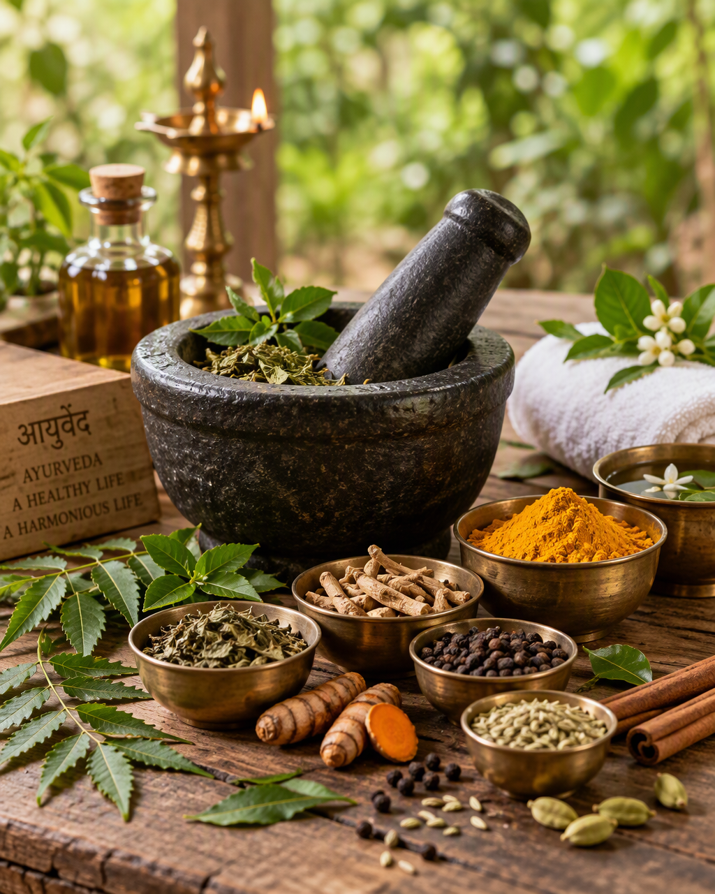 Ayurvedic herbs, brass bowls and mortar