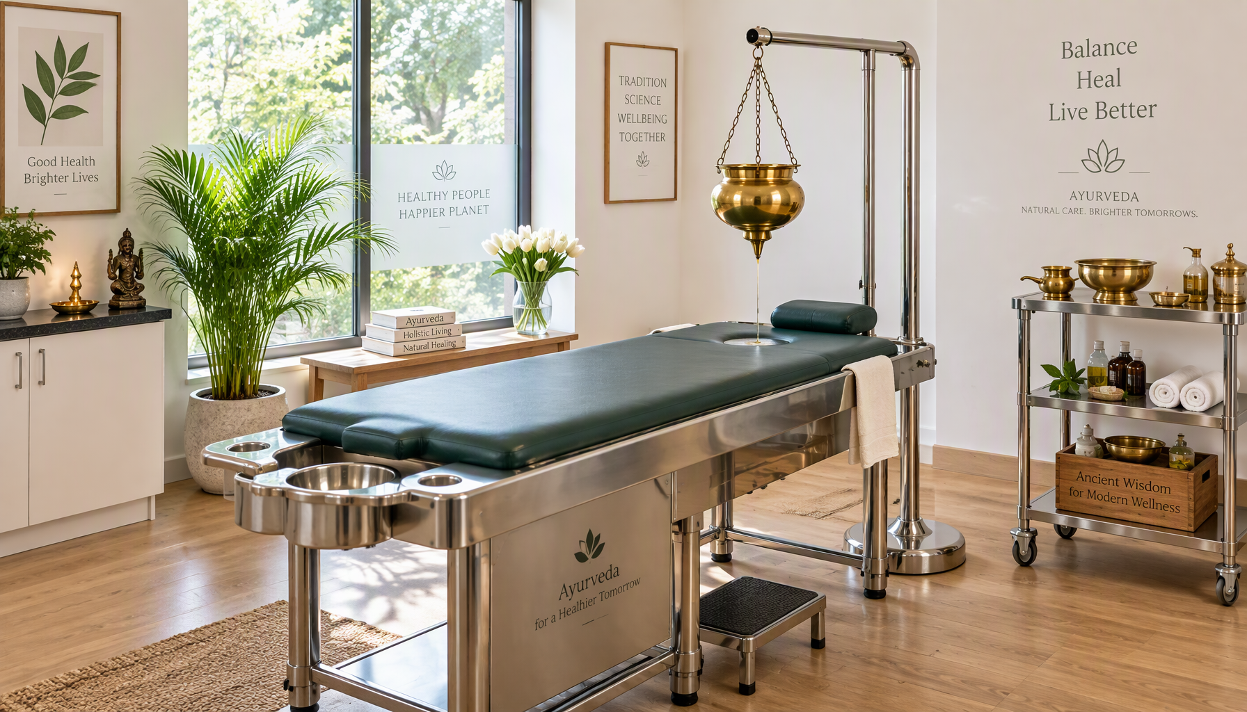 Modern Ayurvedic treatment room with therapy table and brass equipment